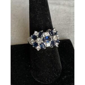 925 Sterling Silver Ring Size 8 Blue And Clear Stones Estate Jewelry